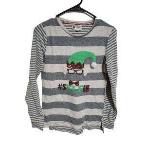 Ugly Christmas Sweater T-Shirt Womens Medium Elf Selfie Gray Striped Long Sleeve